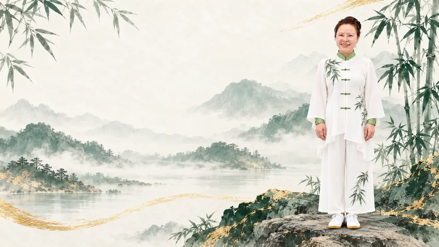 刘美华身穿白色竹纹服装站在水墨山景前