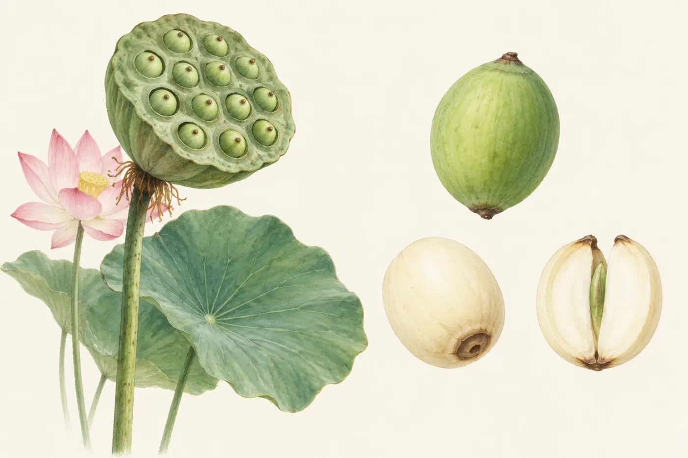 A botanical illustration of lotus and its seeds